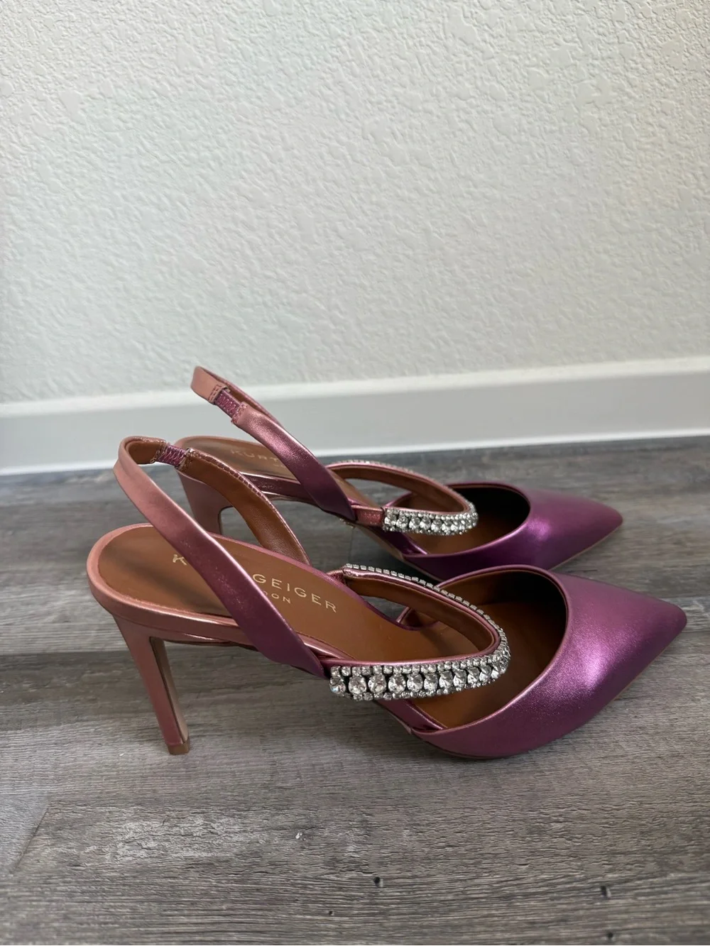 Kurt Geiger Metallic Magenta Slingback Heels with Crystal Strap